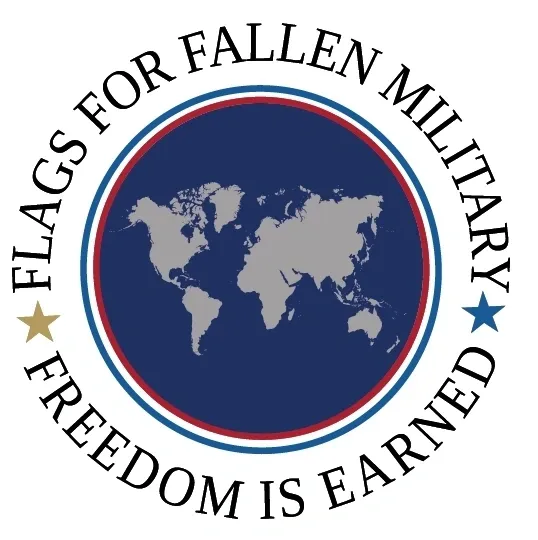 A blue circle with the words flags for fallen military and freedom is earned in it.